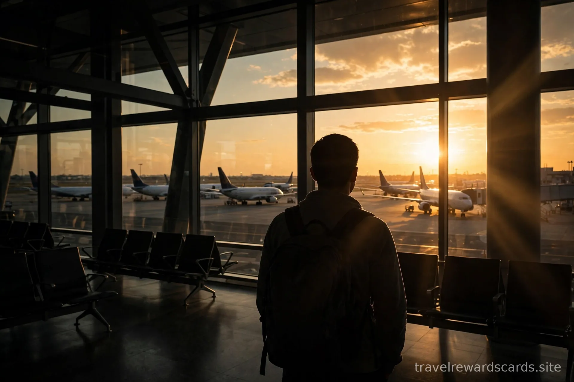 Viajero con mochila mirando aviones a través de la ventana de una terminal de aeropuerto al atardecer