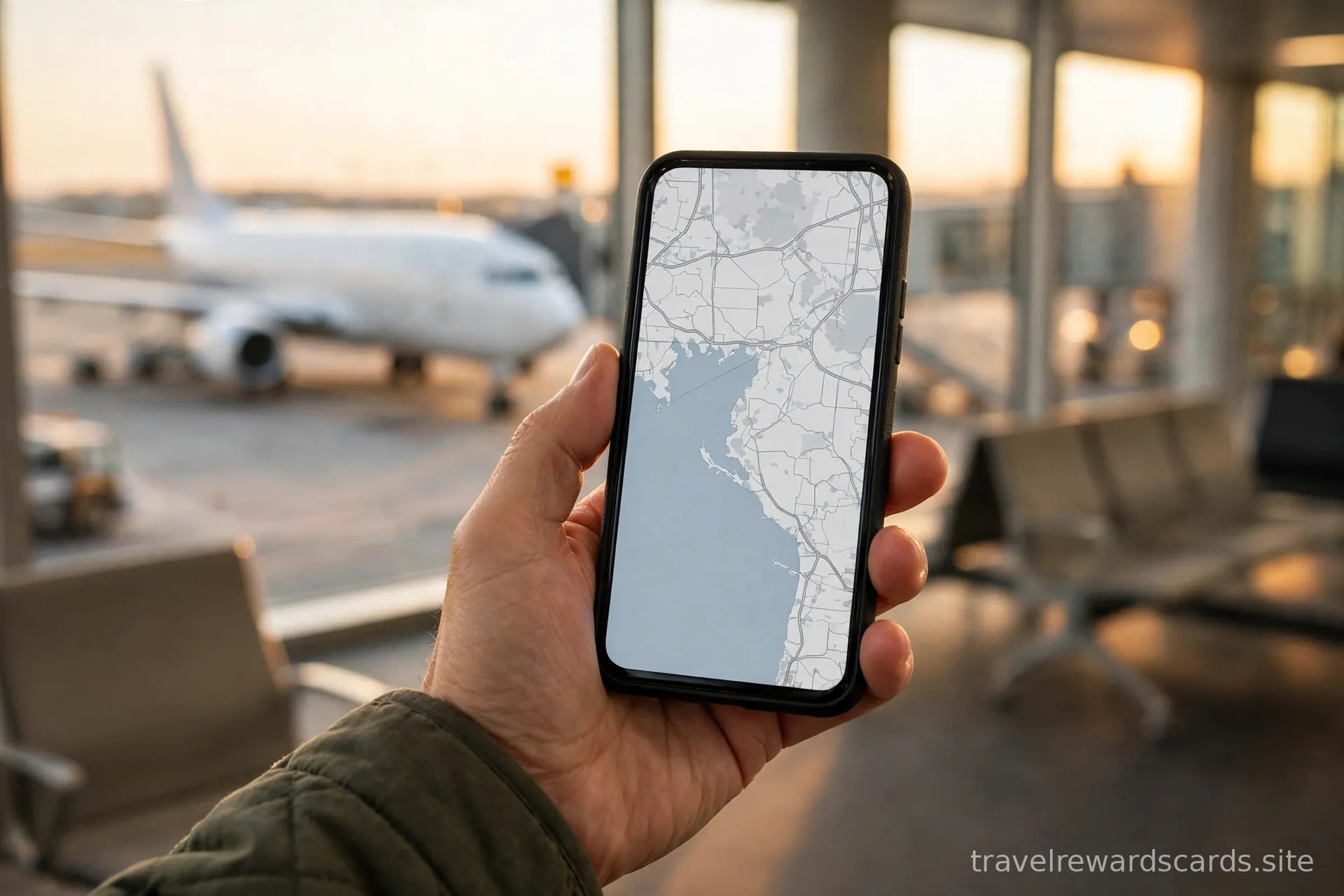 Mano sosteniendo un teléfono inteligente en la puerta de embarque de un aeropuerto