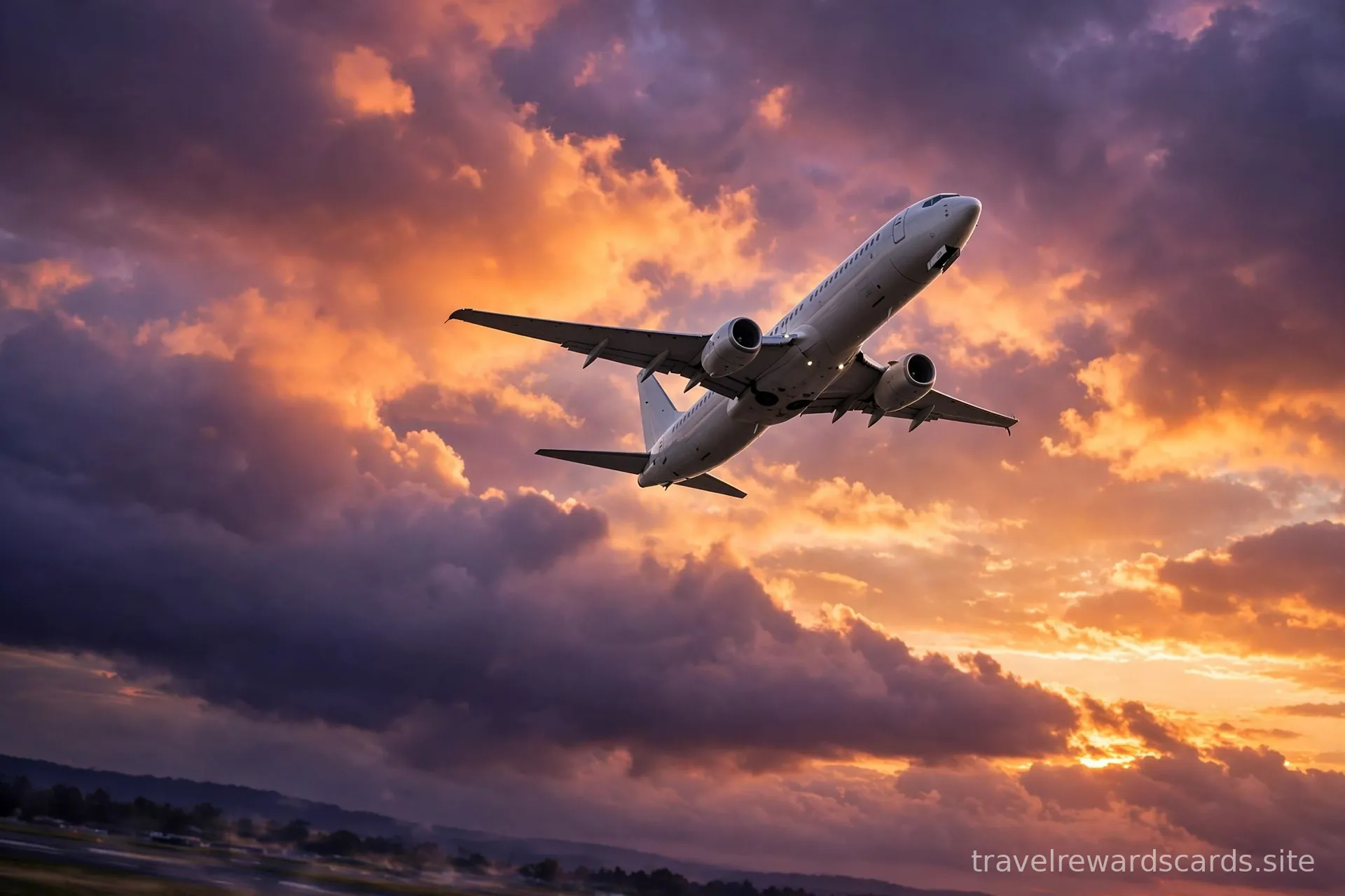 Avión comercial despegando hacia un cielo de atardecer dramático