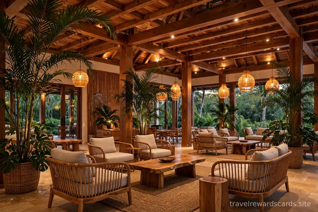 Vestíbulo elegante de un hotel resort tropical con palmeras y luz cálida