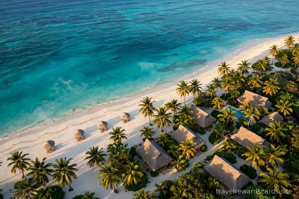 Vista aérea de un resort de playa tropical con agua turquesa y palmeras