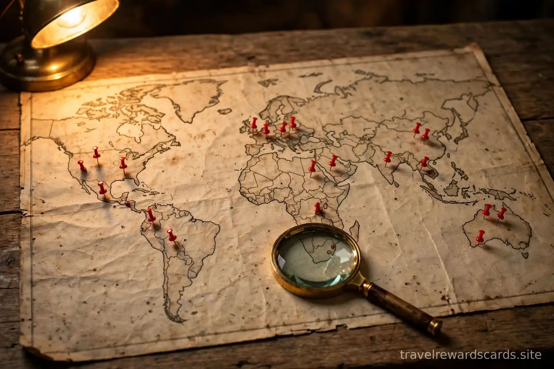 Mapa del mundo vintage con alfileres rojos de destinos y una lupa sobre un escritorio