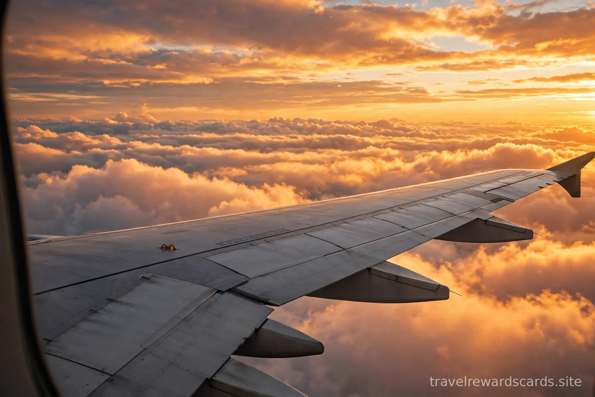 Atardecer dorado sobre las nubes visto desde la ventanilla de un avión