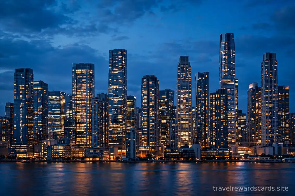 Horizonte urbano moderno al anochecer con rascacielos iluminados