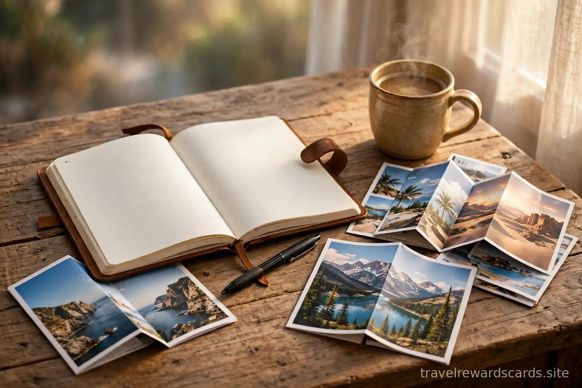 Escritorio con cuaderno de viaje abierto, bolígrafo, café y folletos de destinos
