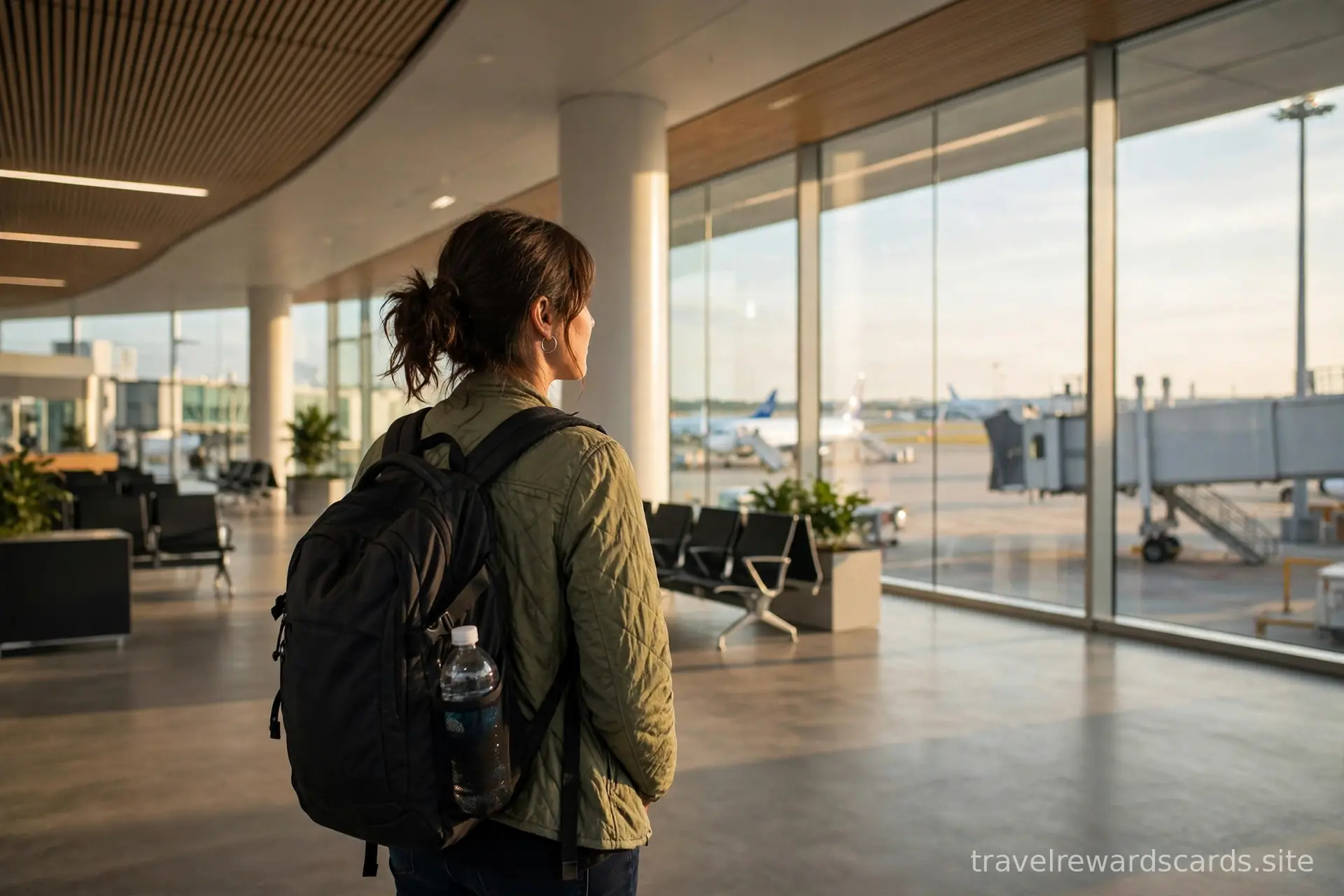 Viajero con mochila en un moderno vestíbulo de salidas de un aeropuerto