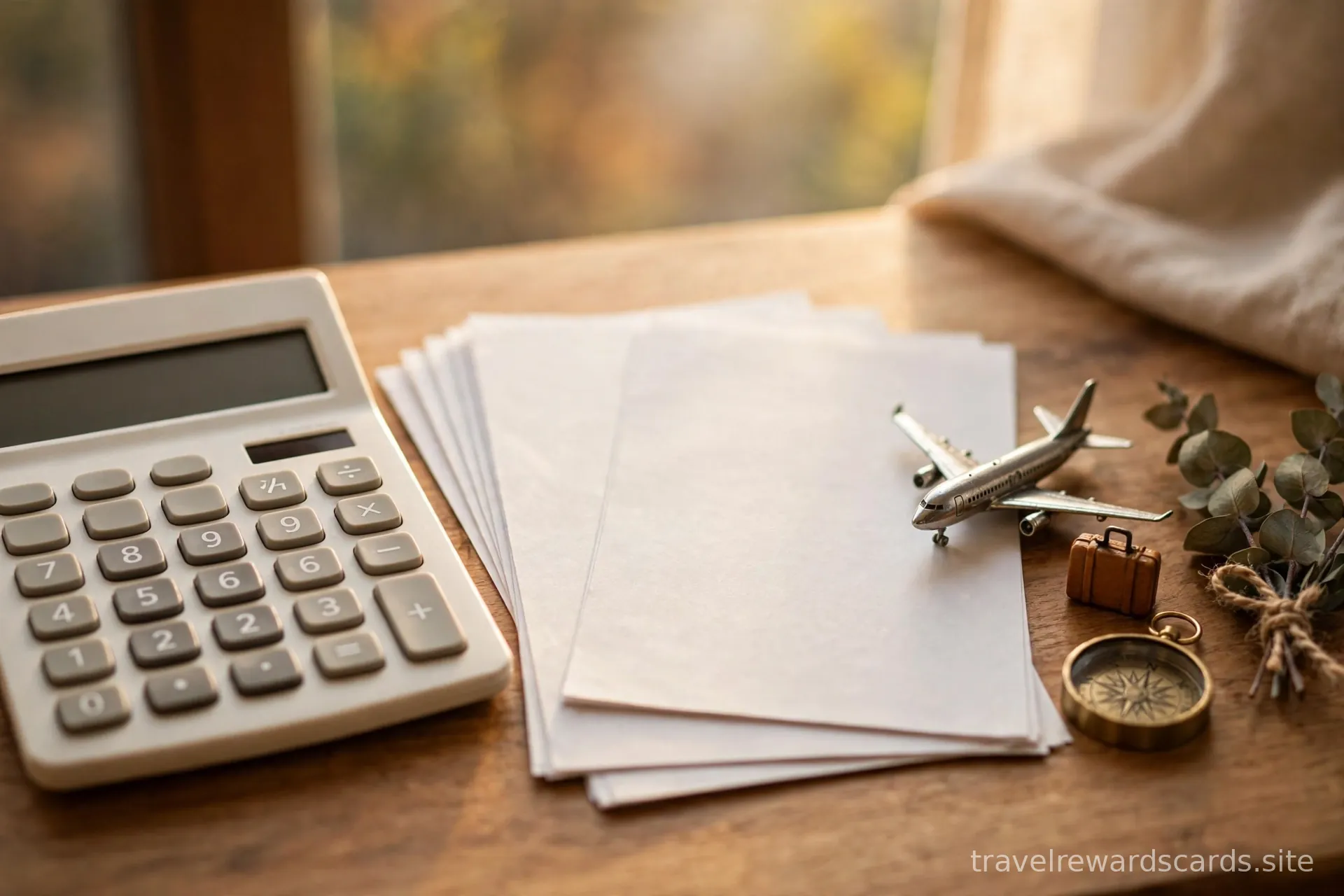 Calculadora junto a documentos de viaje y pequeños recuerdos sobre un escritorio