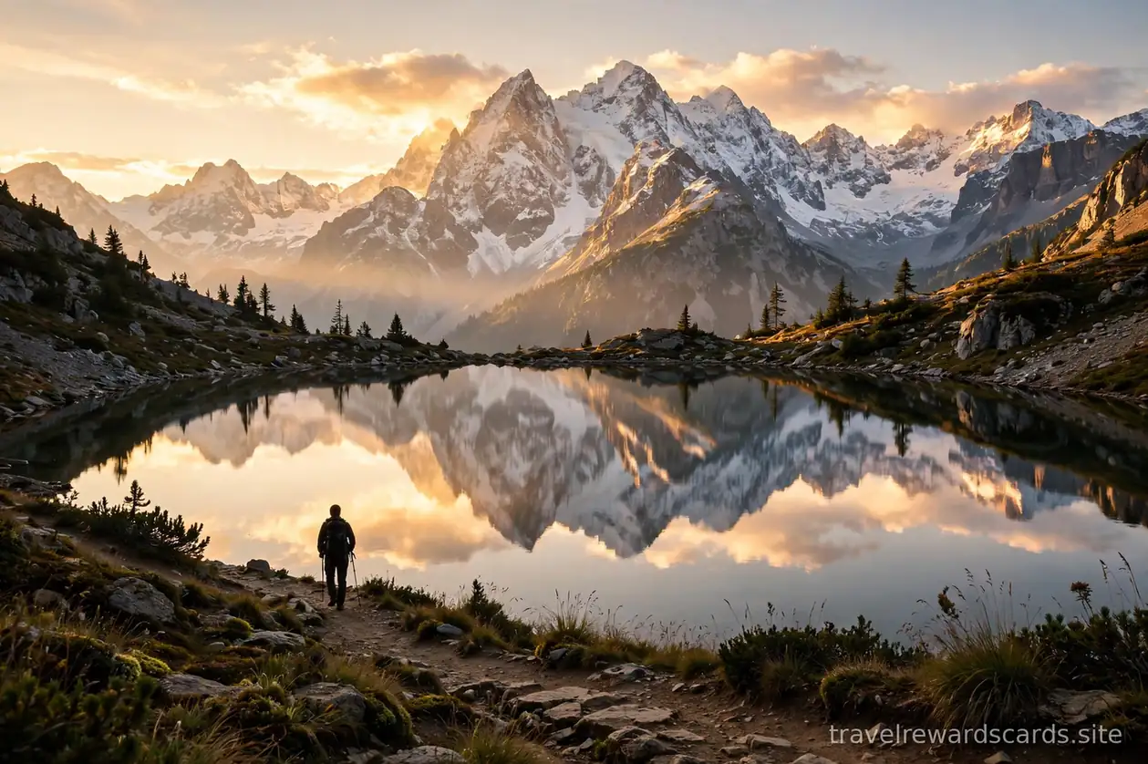 Lago de montaña reflejando picos nevados al amanecer con un excursionista