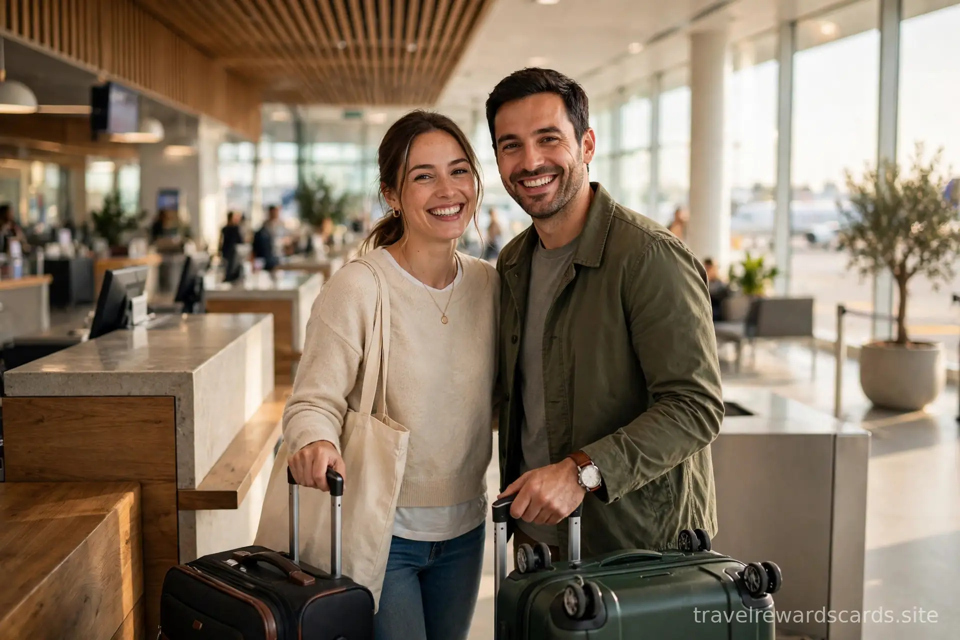 Pareja sonriente con maletas en el mostrador de check-in de un aeropuerto