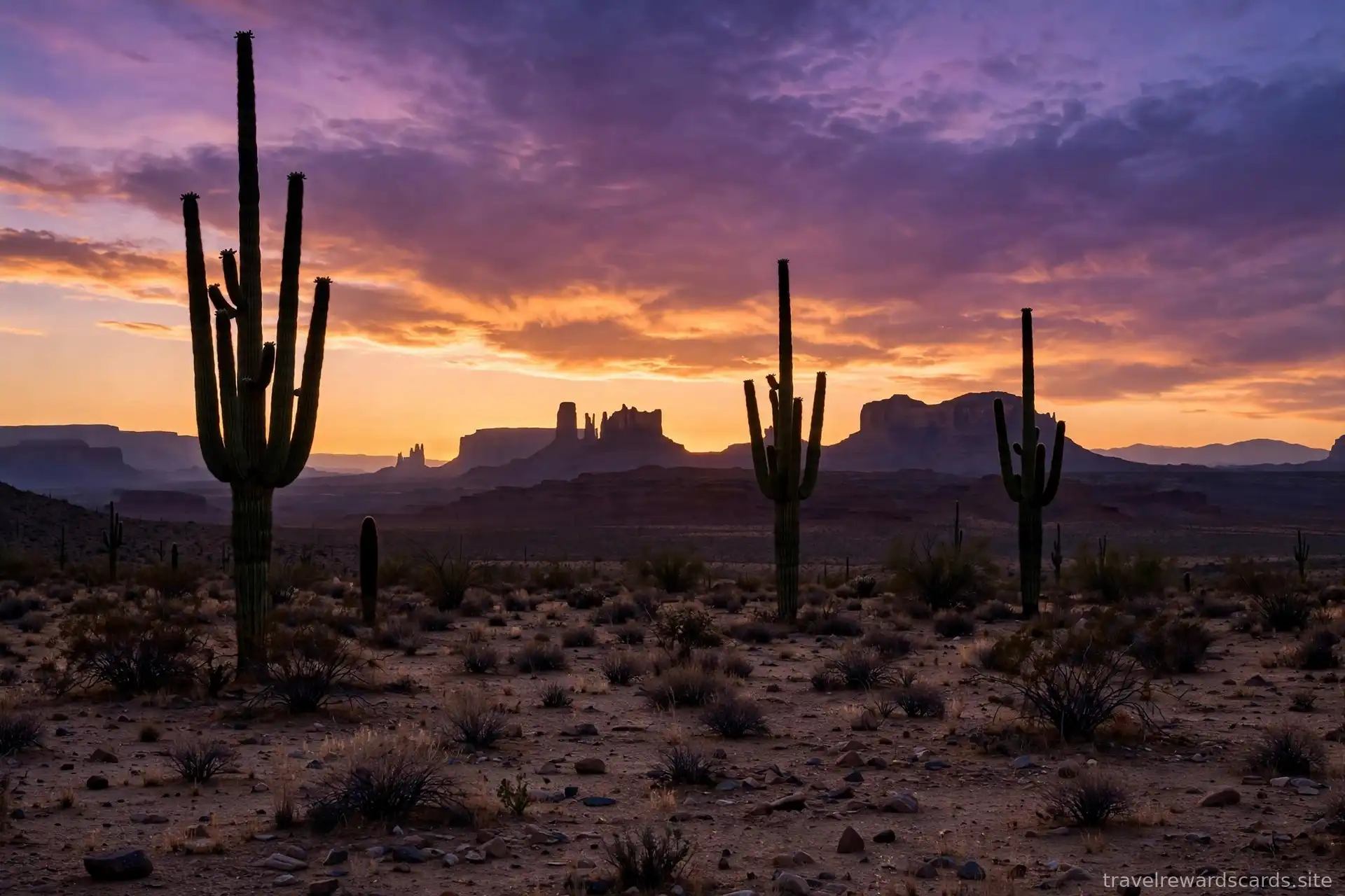 Paisaje desértico con cactus saguaro al atardecer