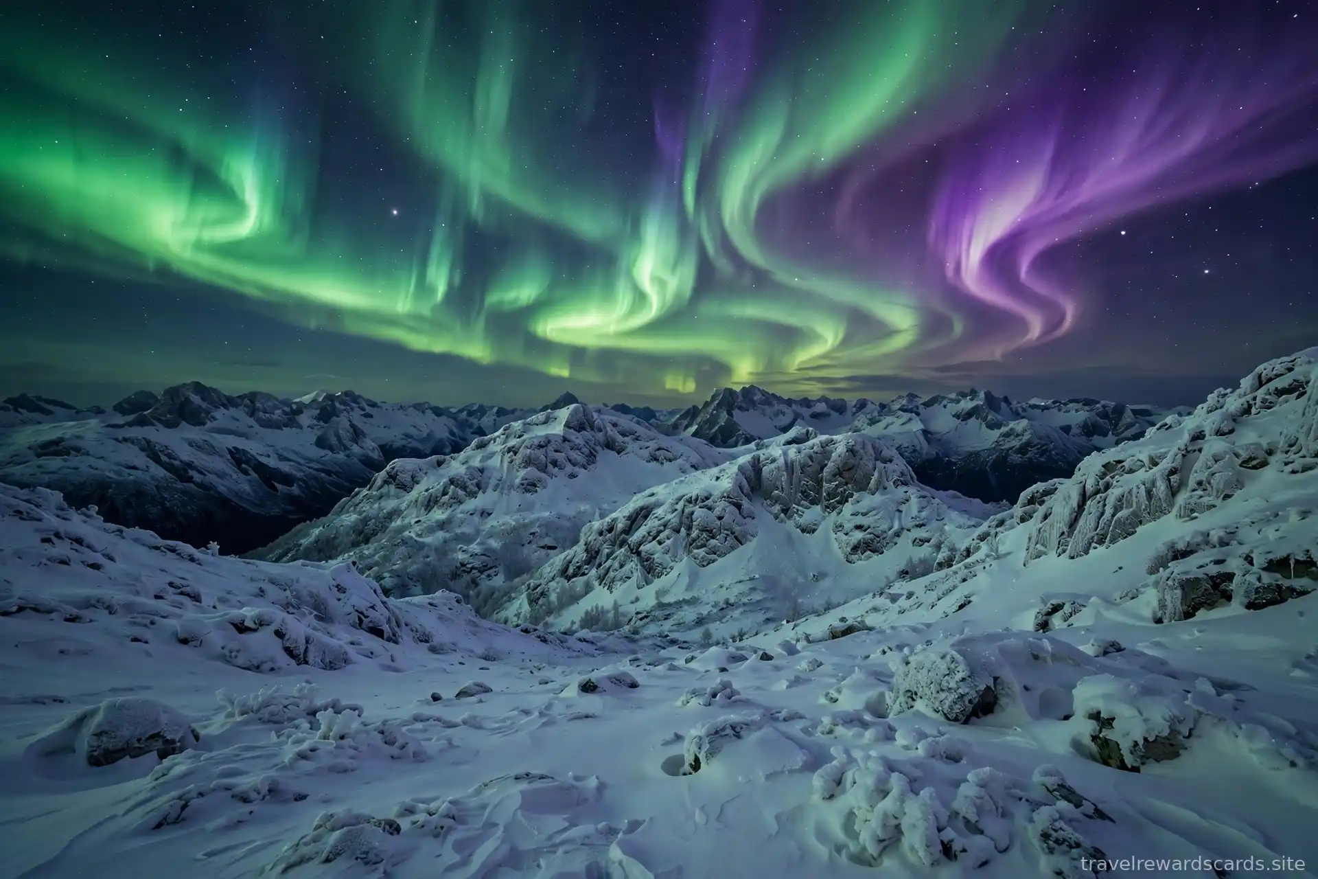 Auroras boreales sobre montañas nevadas en una noche estrellada