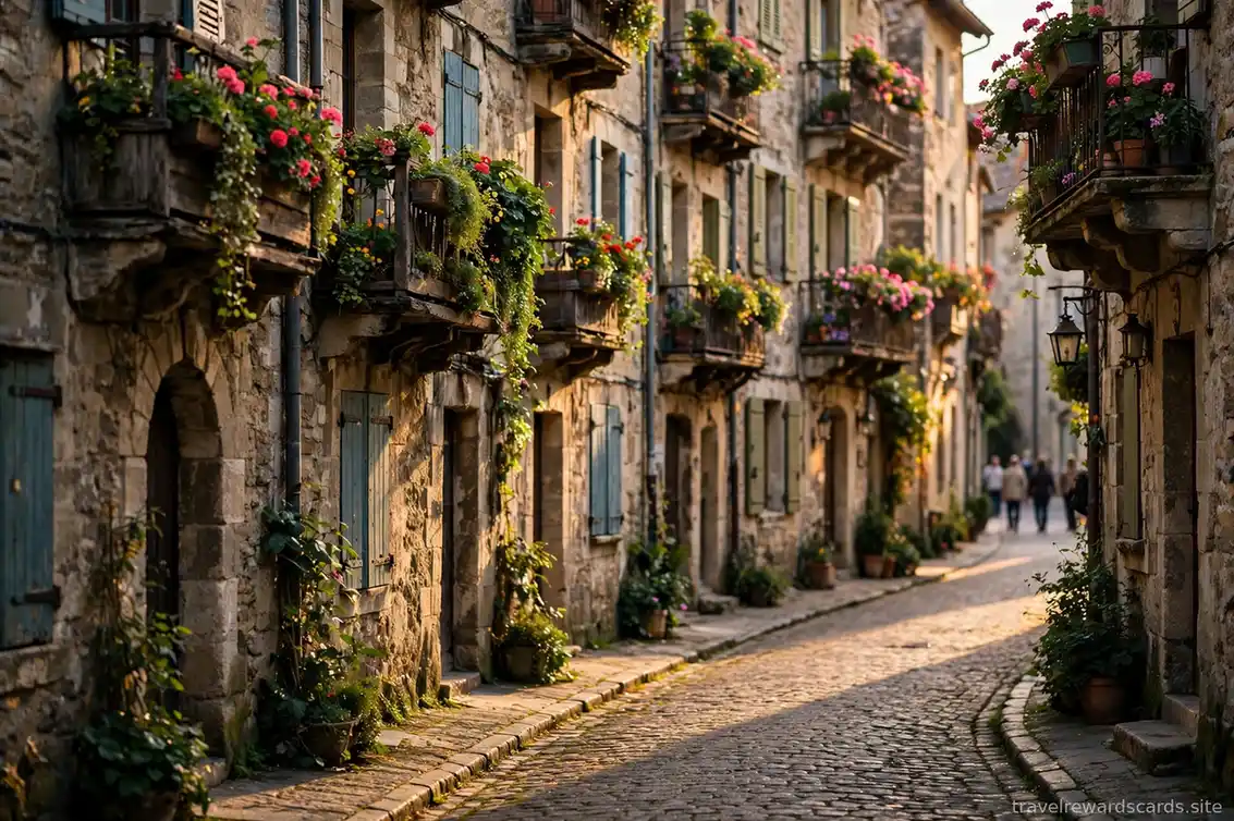 Calle empedrada de un casco histórico europeo al atardecer