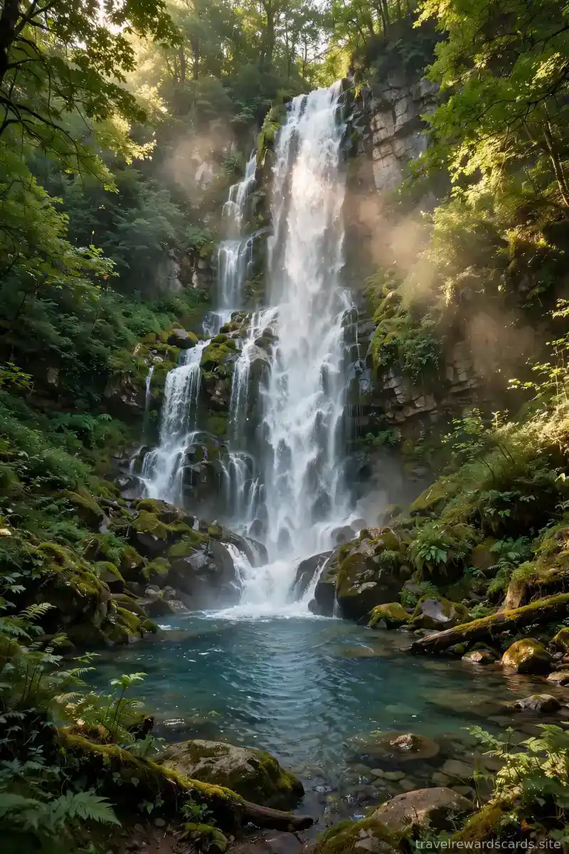 Cascada en un bosque verde con neblina y luz filtrada entre los árboles