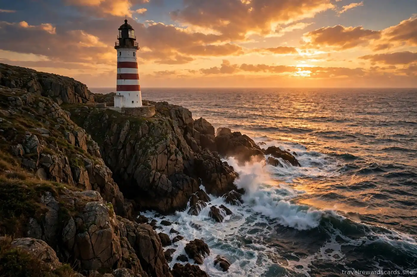 Faro sobre acantilados rocosos al atardecer con el mar agitado
