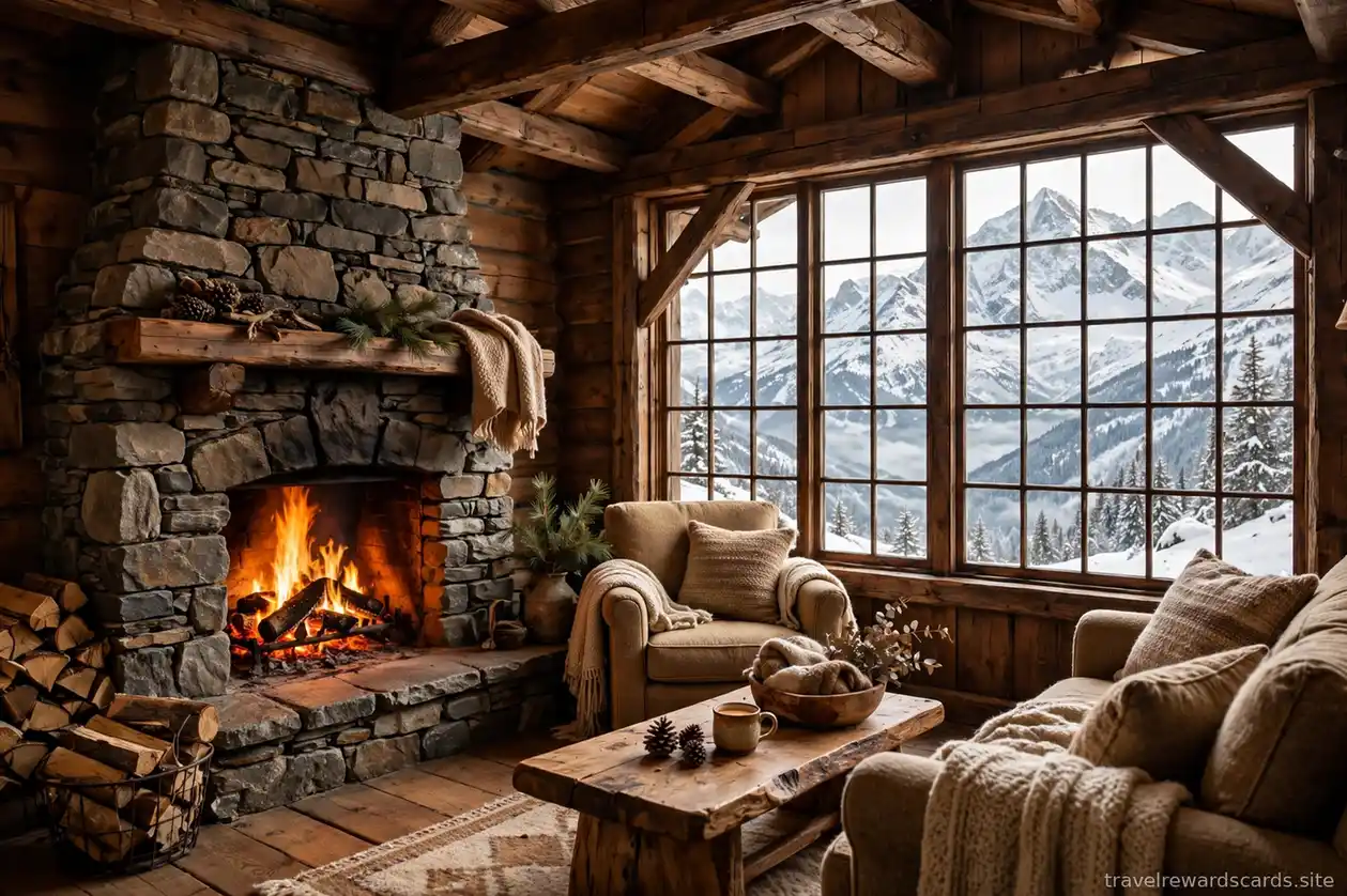 Interior acogedor de una cabaña de montaña con chimenea encendida