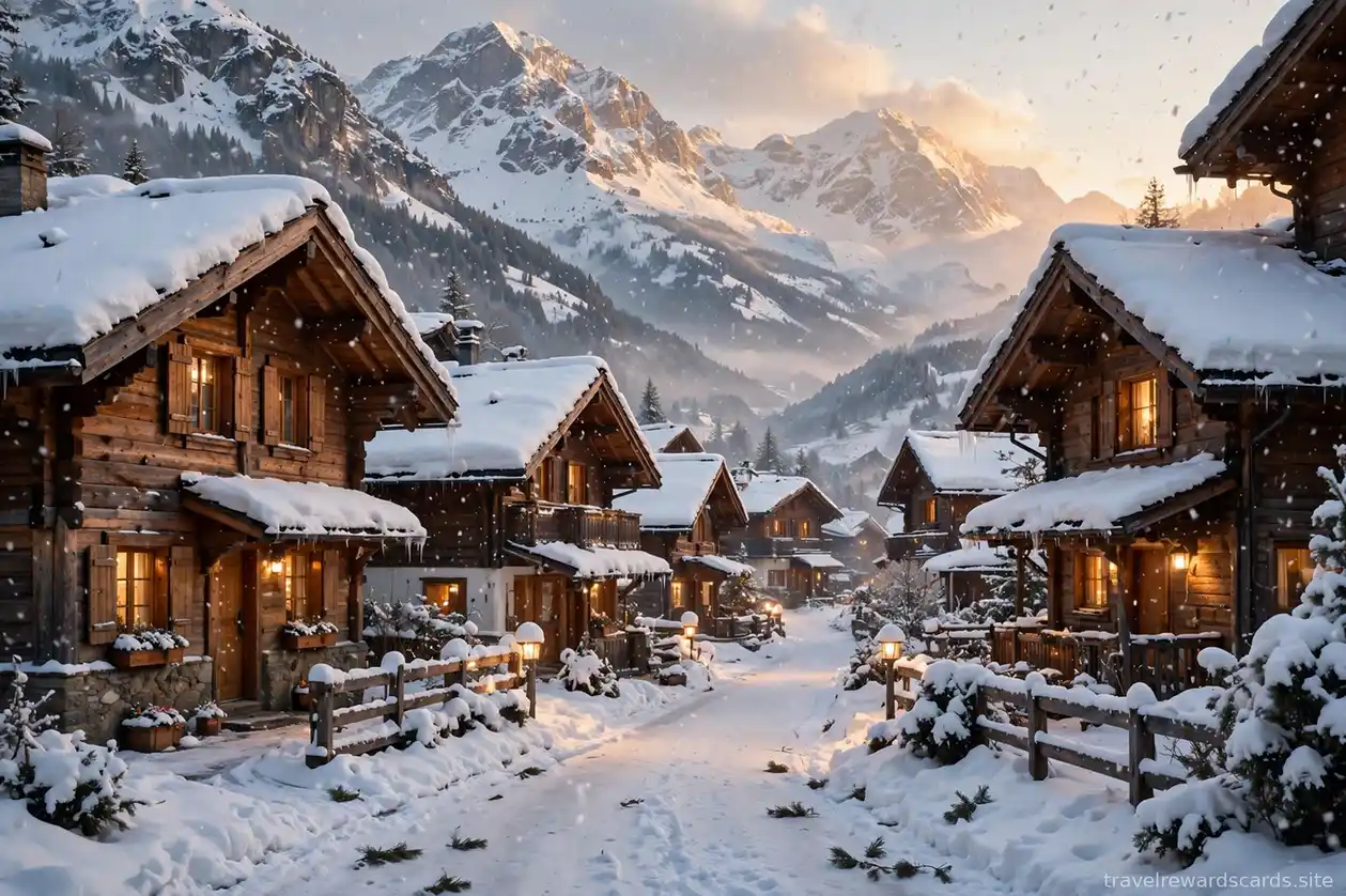 Calle de un pueblo alpino nevado con casas iluminadas