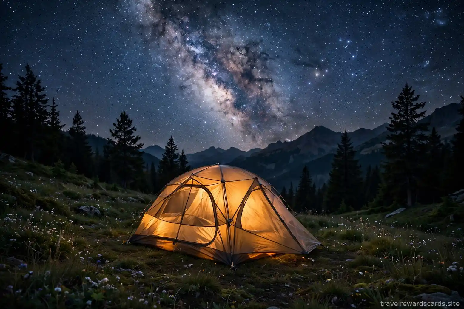 Tienda de campaña iluminada bajo un cielo estrellado en la montaña