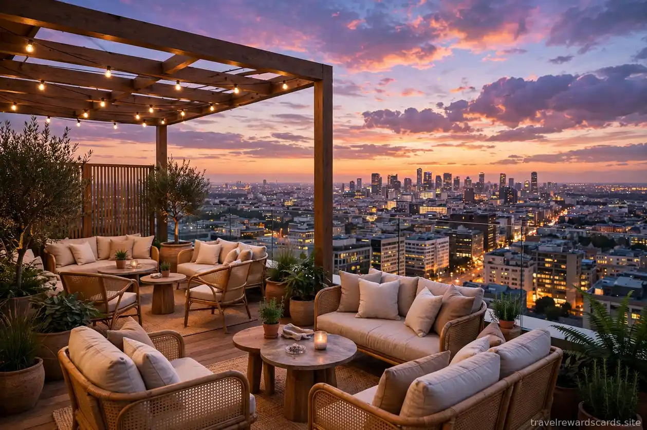 Terraza en la azotea con vista a la ciudad iluminada al anochecer