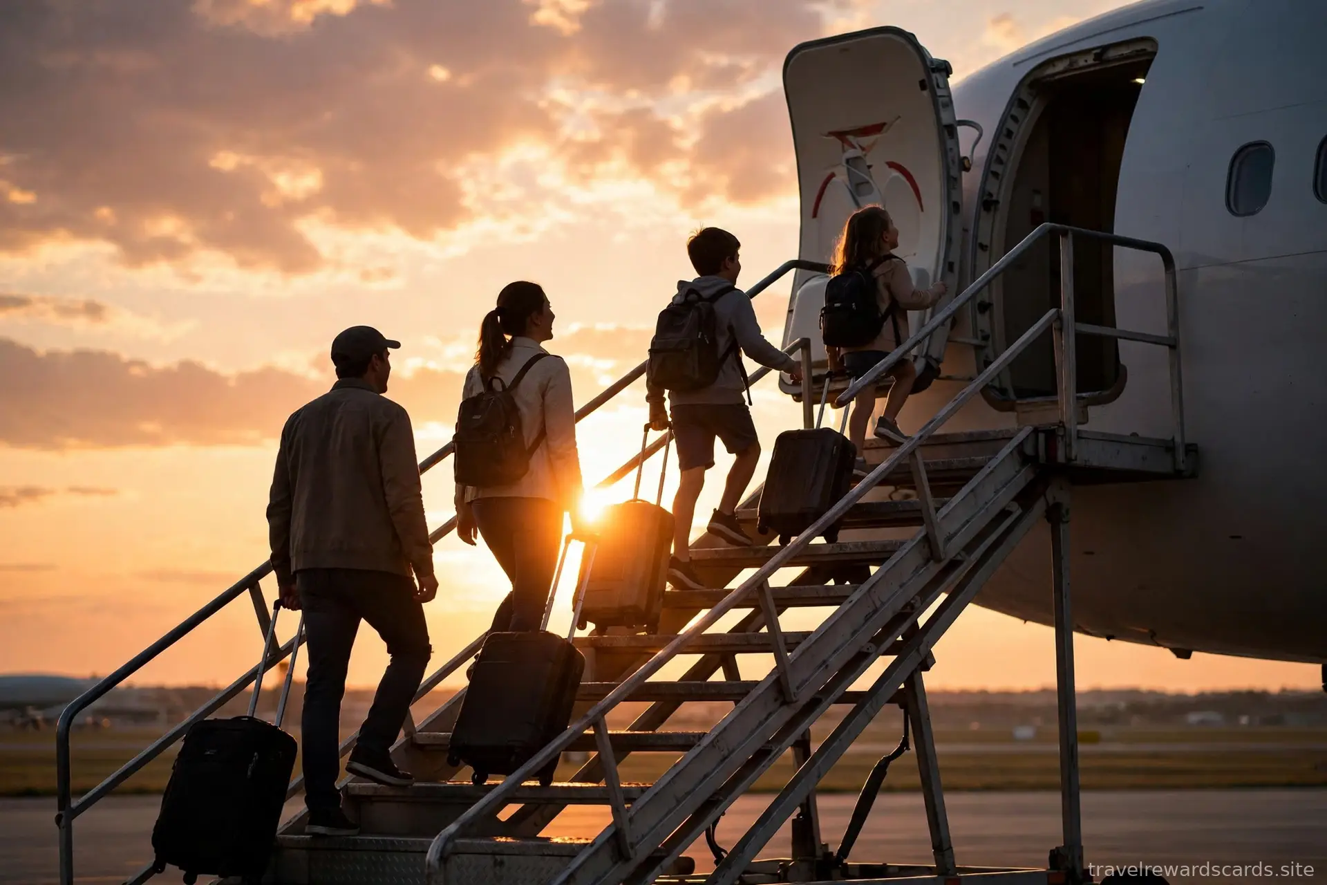 Familia con maletas subiendo al avión por la escalinata al atardecer