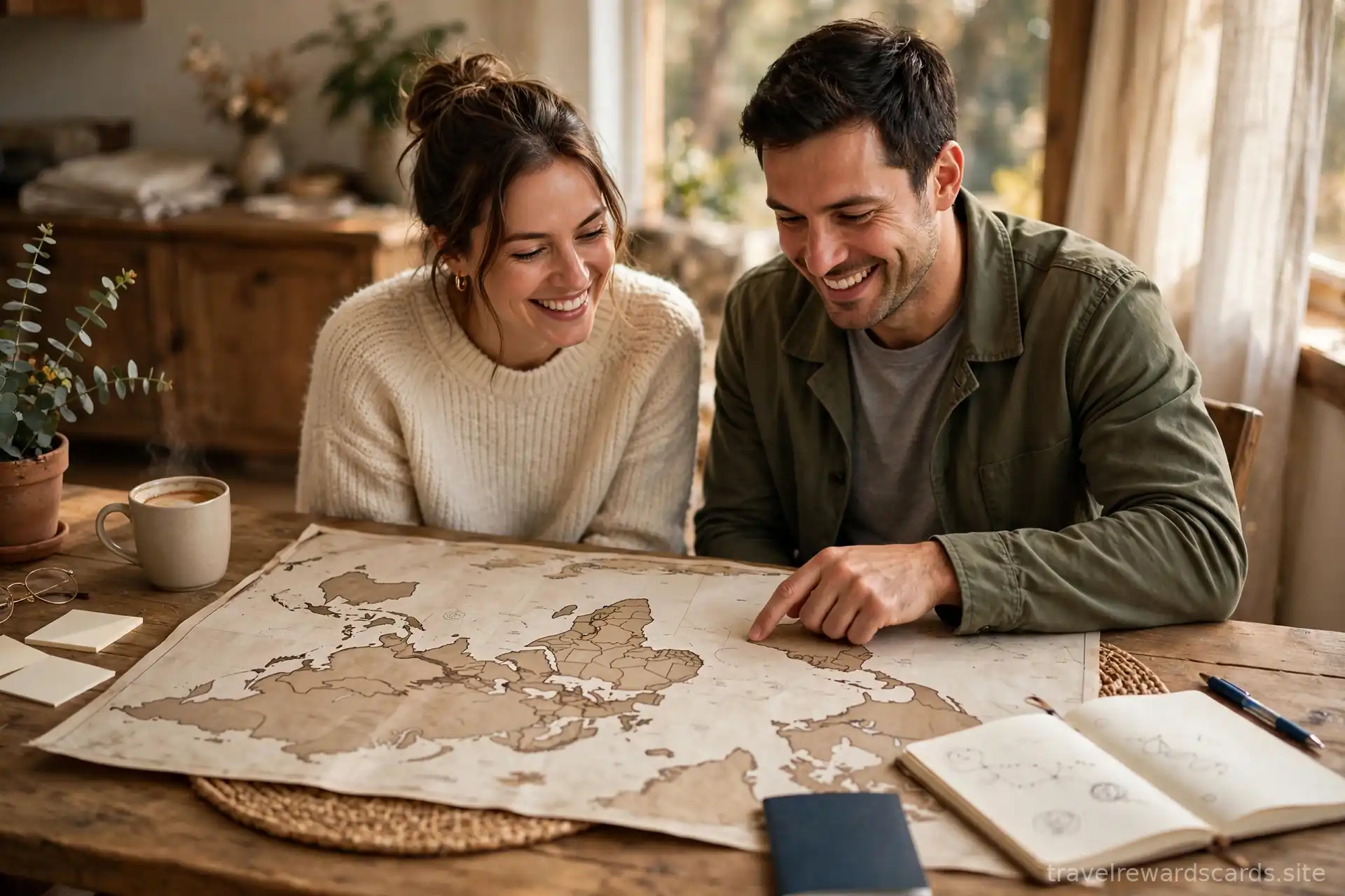 Pareja sonriente mirando un mapa del mundo sobre una mesa de madera mientras planea un viaje