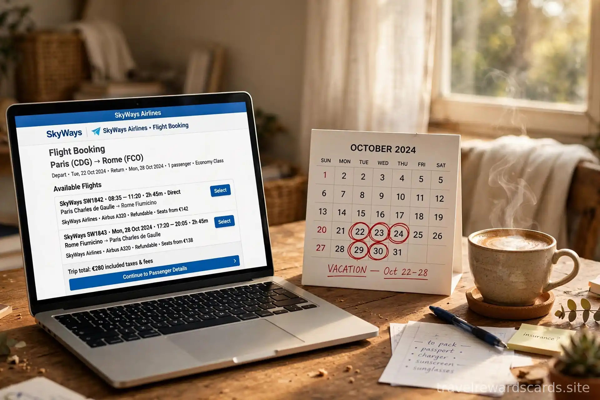 Portátil mostrando una reserva de vuelo junto a un calendario con fechas de vacaciones marcadas