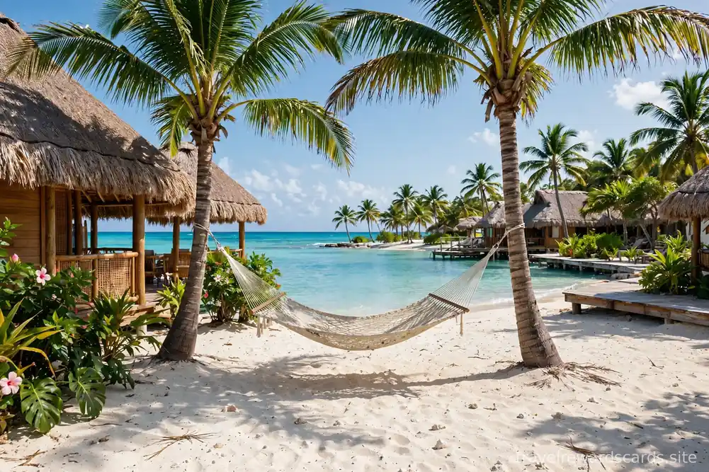 Hamaca entre dos palmeras en una playa tropical de arena blanca y agua turquesa