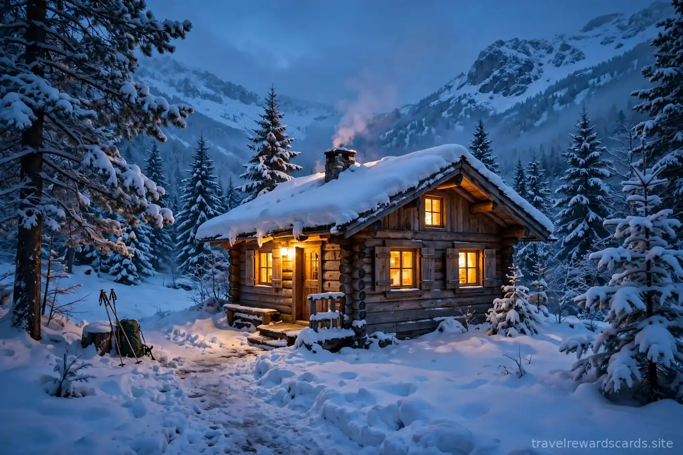 Cabaña de madera iluminada en un bosque nevado de montaña al atardecer