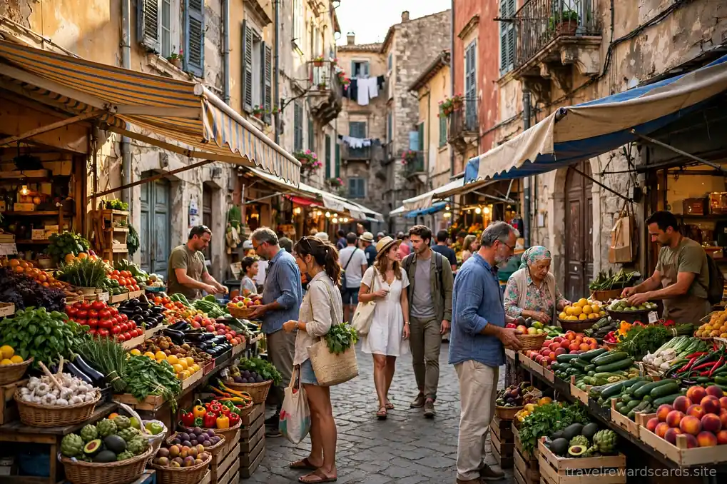 Mercado callejero con puestos de frutas y verduras en un pueblo europeo