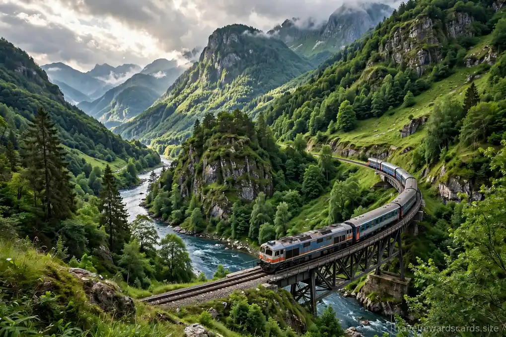 Tren cruzando un puente sobre un río en un valle verde de montaña