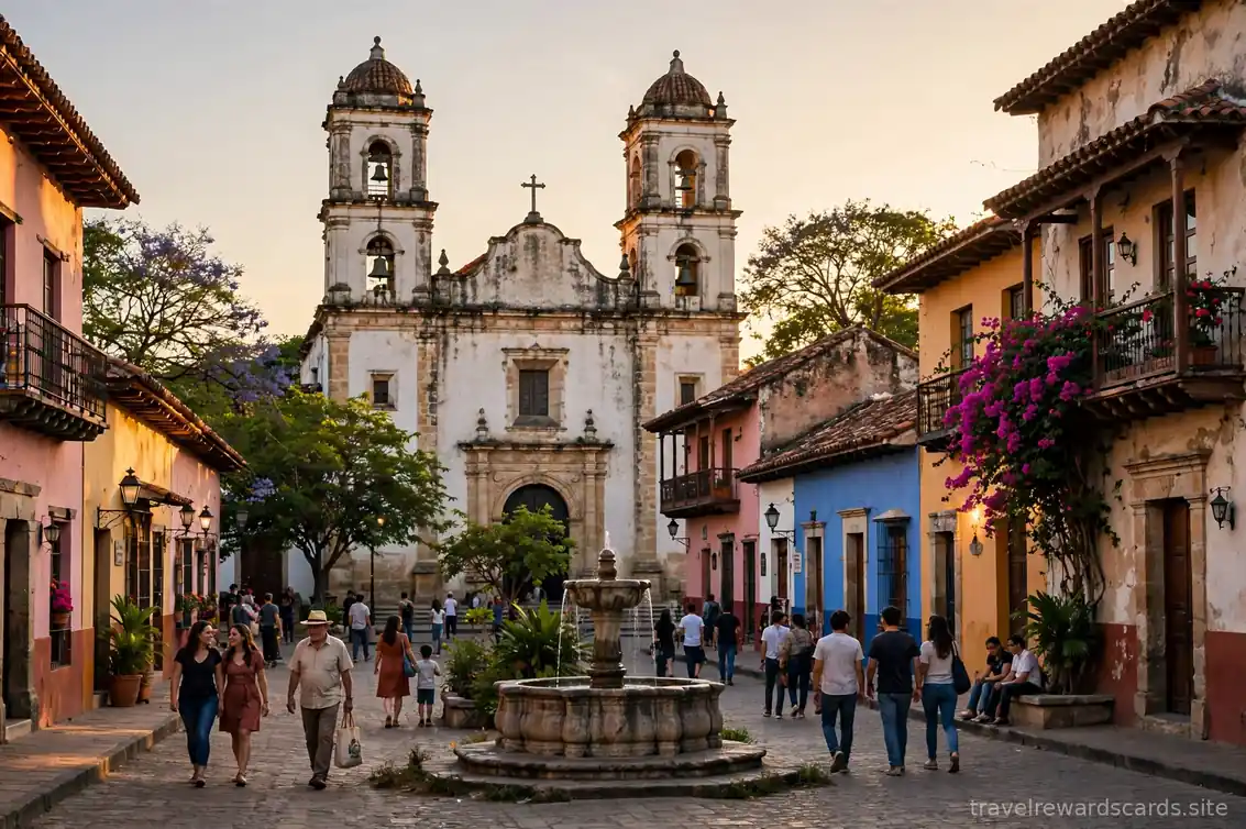 Calle colonial con iglesia y fuente al atardecer, con gente paseando