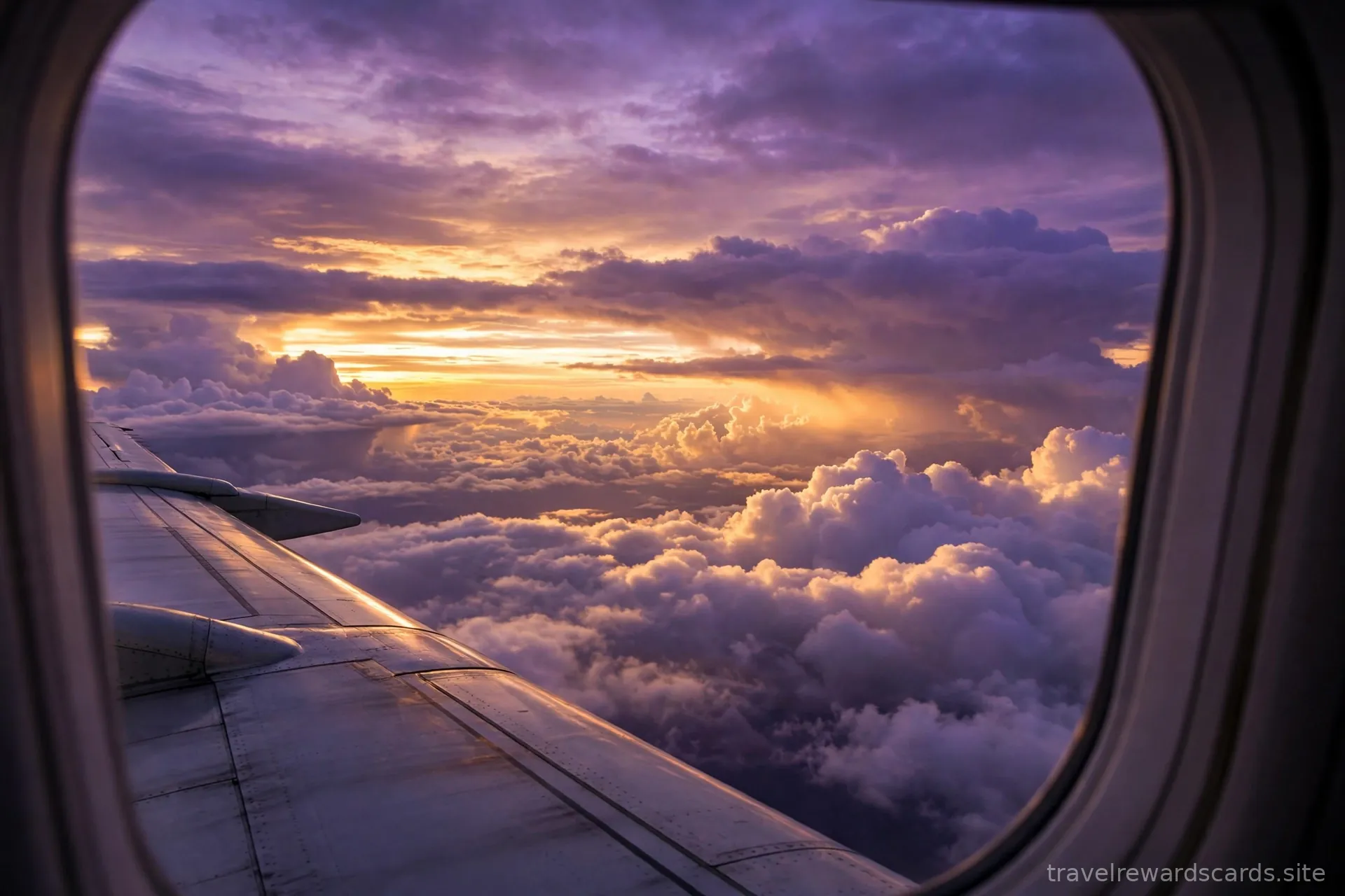 Vista desde la ventana de un avión del ala sobre las nubes al atardecer
