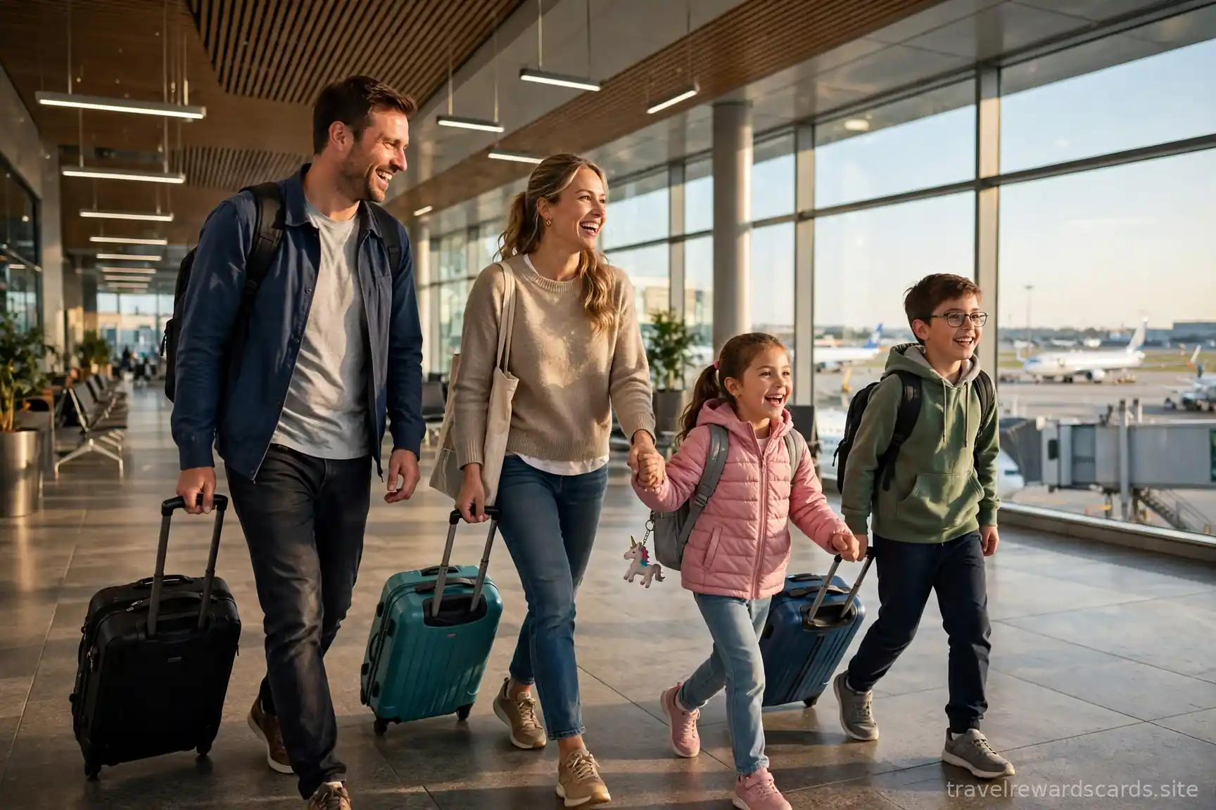 Familia de cuatro caminando con maletas en la terminal de un aeropuerto