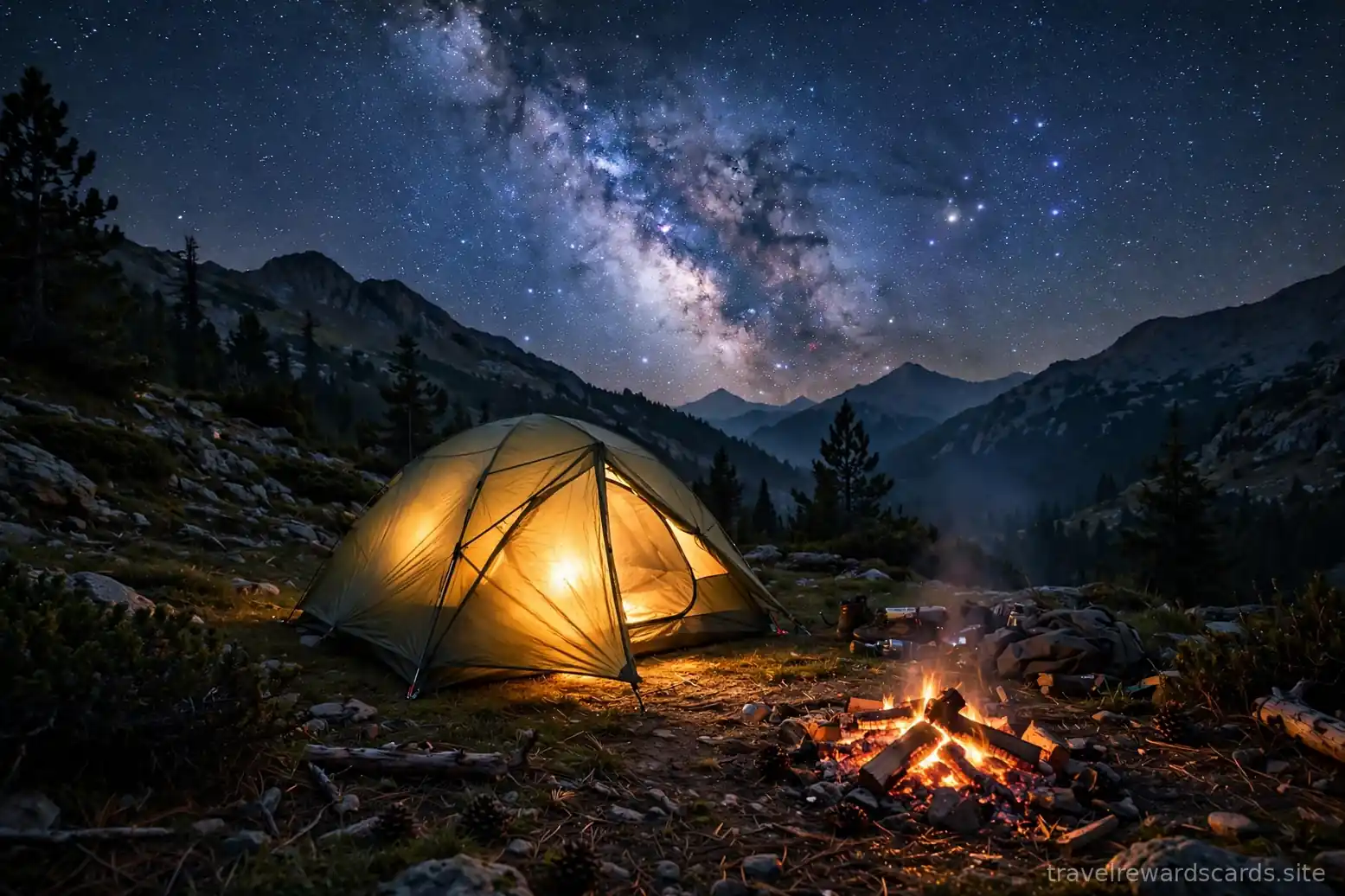 Tienda de campaña iluminada bajo la Vía Láctea con una fogata en la montaña