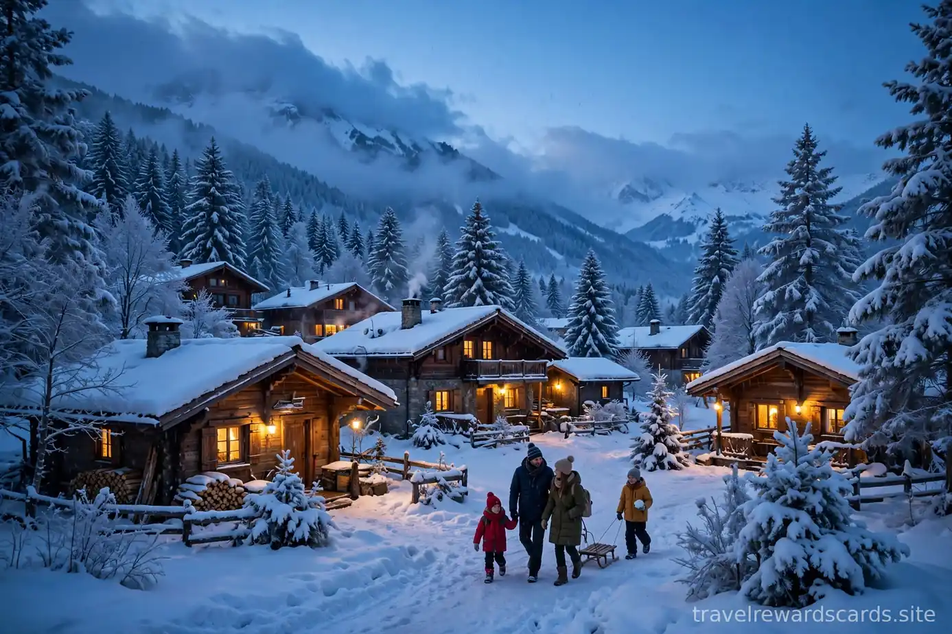Familia caminando por un pueblo alpino nevado con cabañas de madera al atardecer