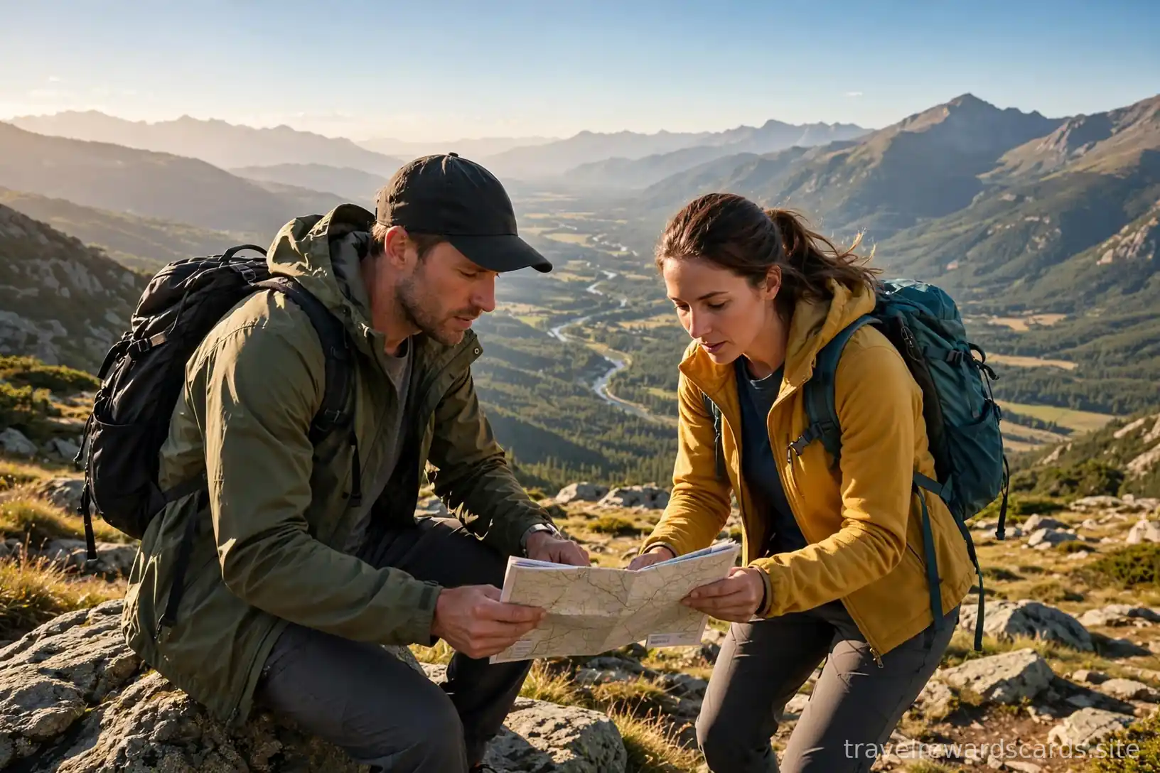 Dos excursionistas consultando un mapa de papel en la cima de una montaña