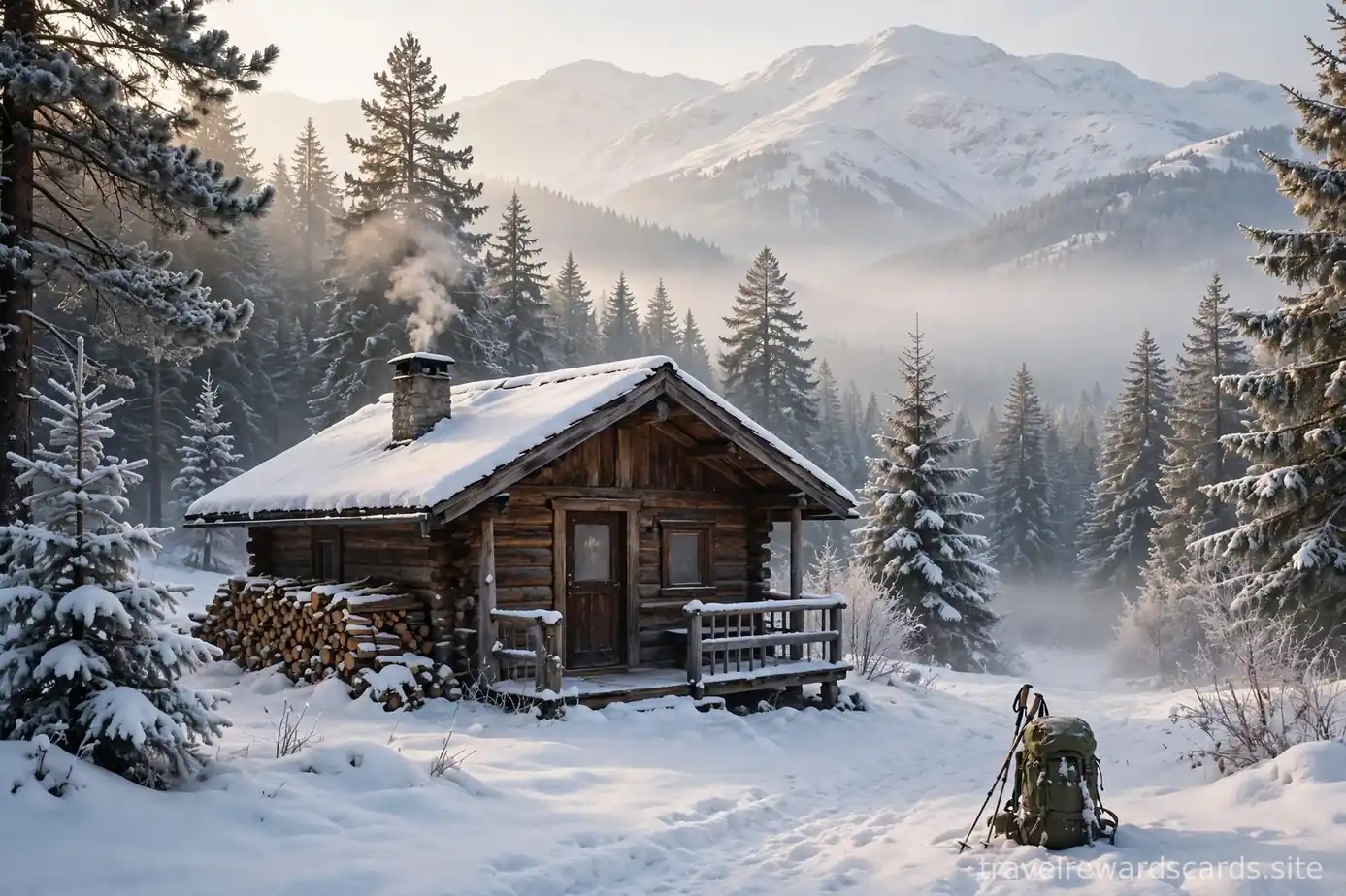 Cabaña de madera cubierta de nieve en un bosque de pinos al amanecer