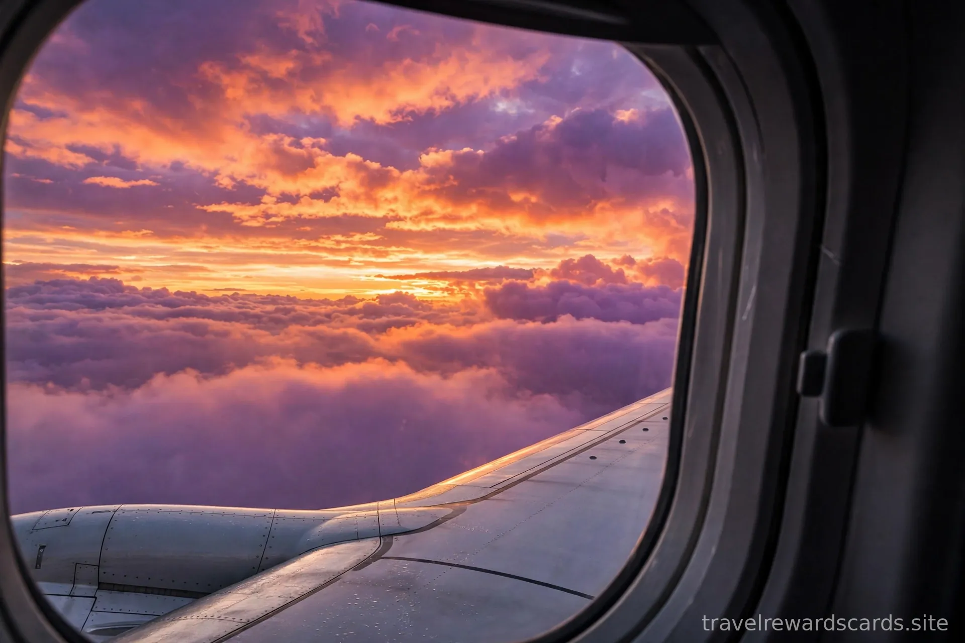 Atardecer naranja y violeta sobre las nubes visto desde la ventanilla de un avión