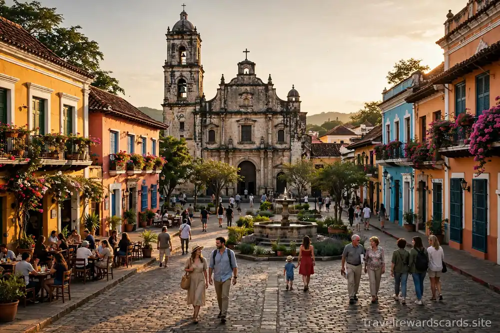 Plaza colonial empedrada con iglesia y fuente al atardecer