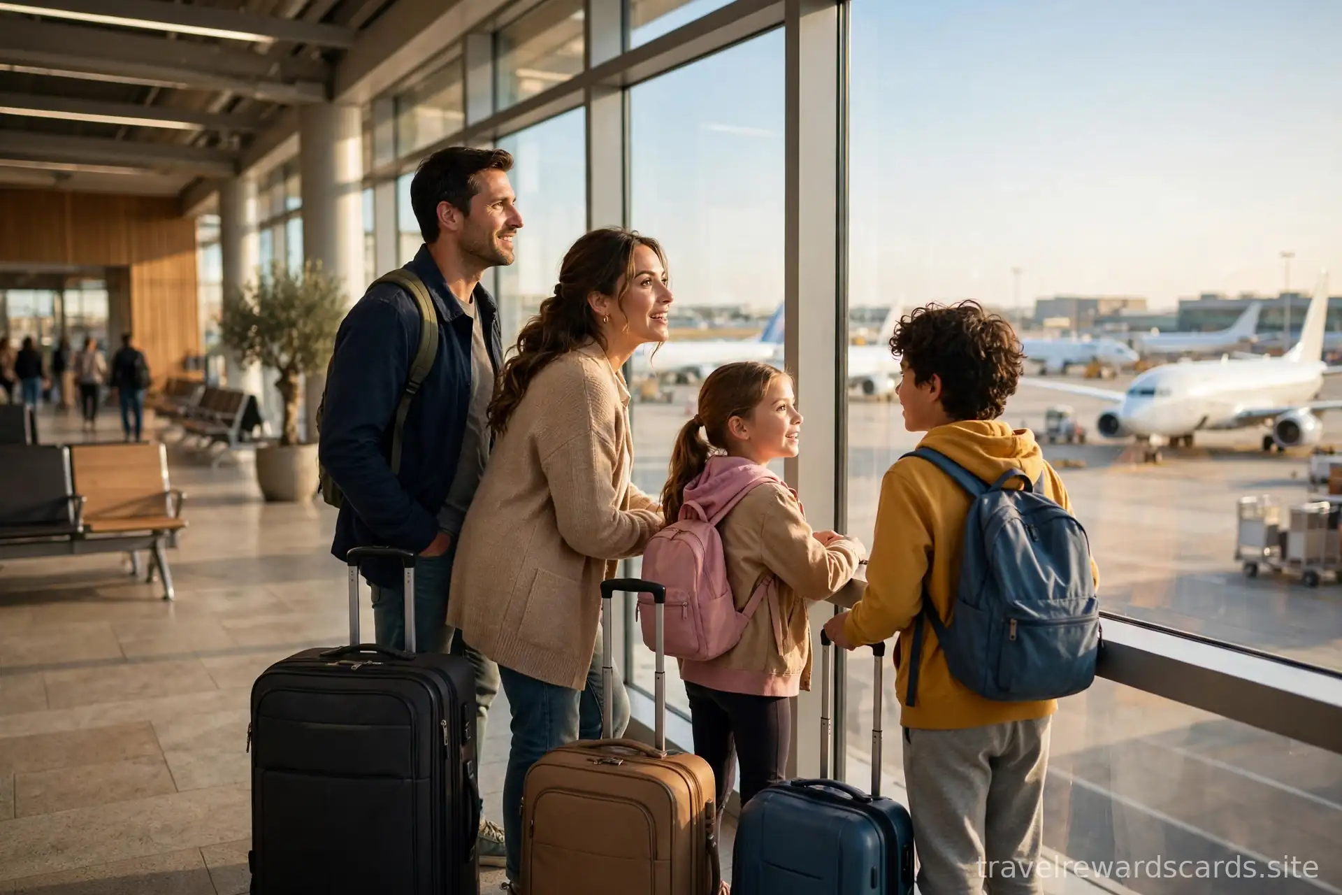 Familia con maletas mirando los aviones desde los ventanales de la terminal