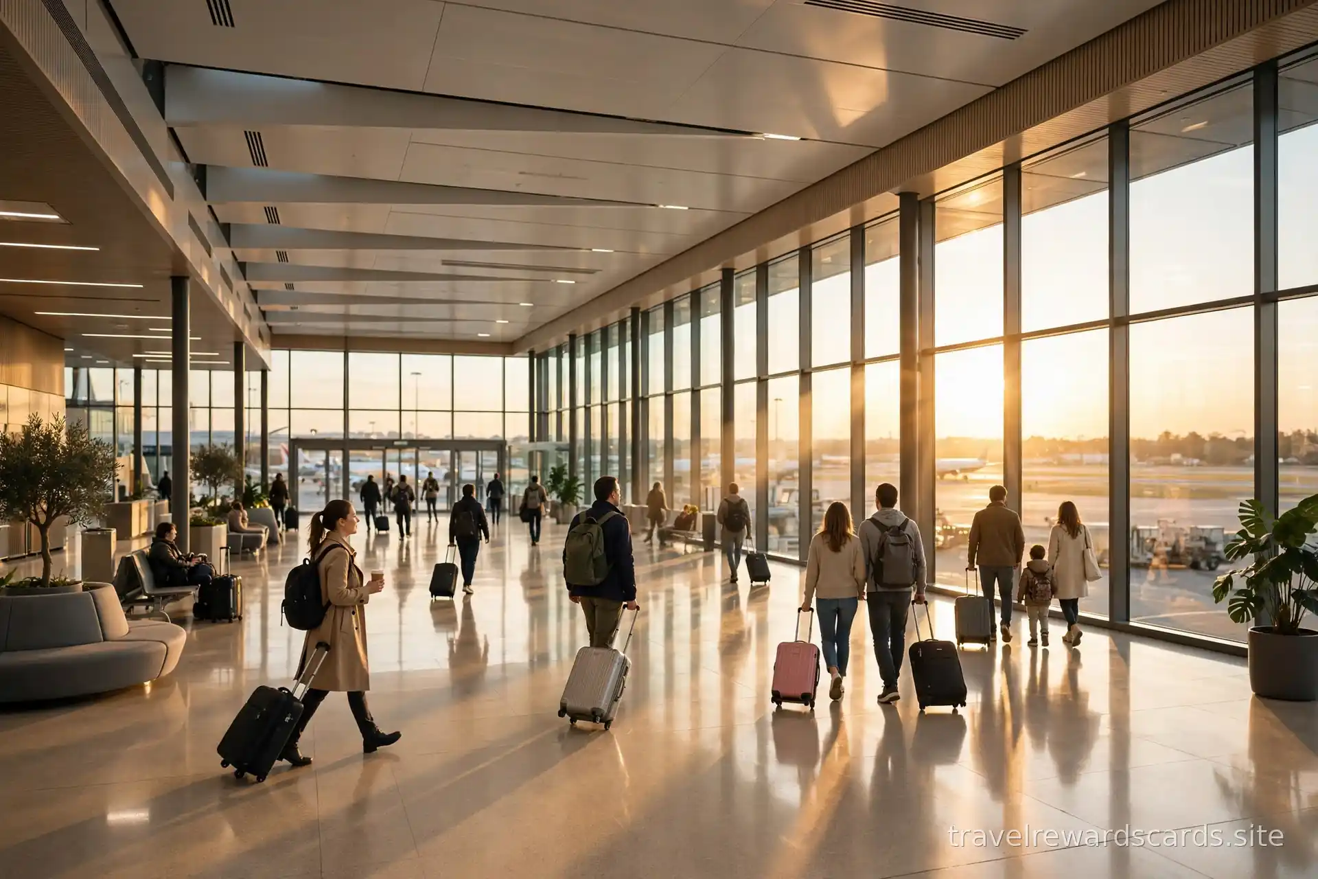 Terminal de aeropuerto moderna con luz dorada y viajeros con maletas