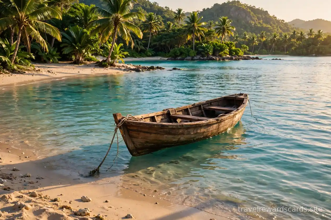 Bote de madera anclado cerca de una playa tropical