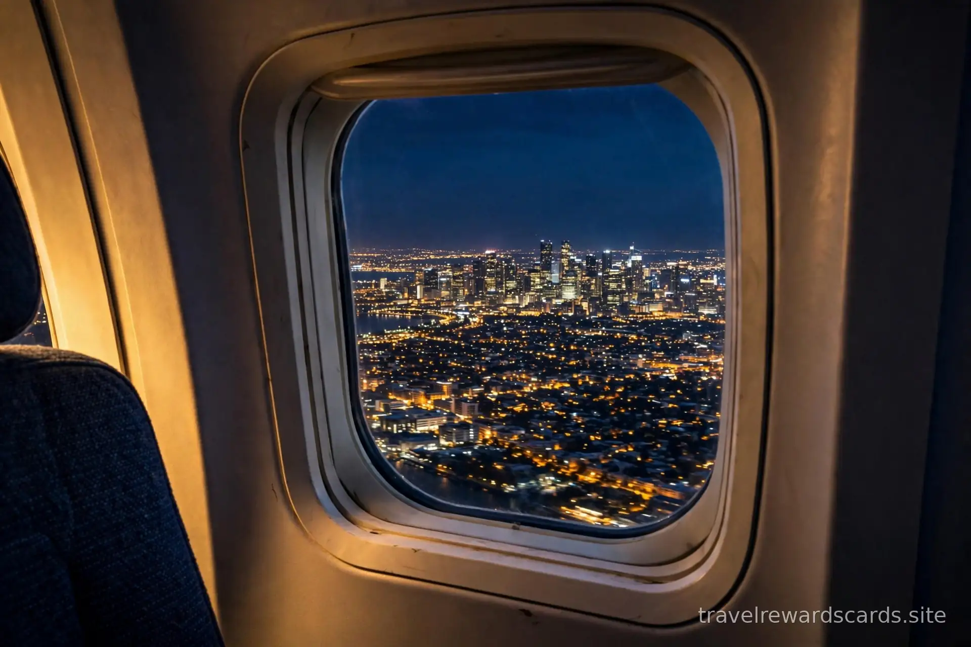 Luces de ciudad de noche vistas desde la ventana de un avión