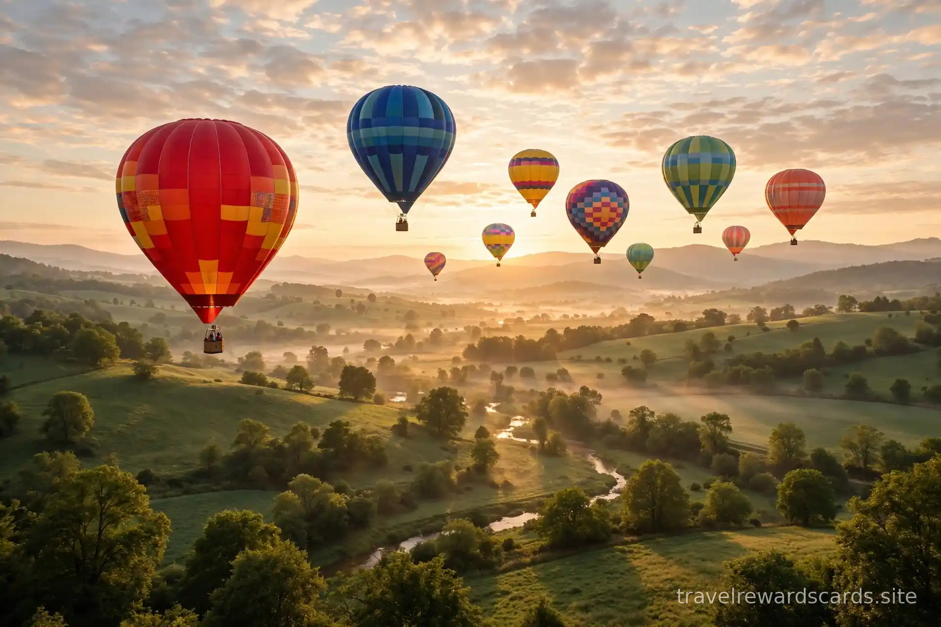 Globos aerostáticos de colores sobre un valle verde al amanecer