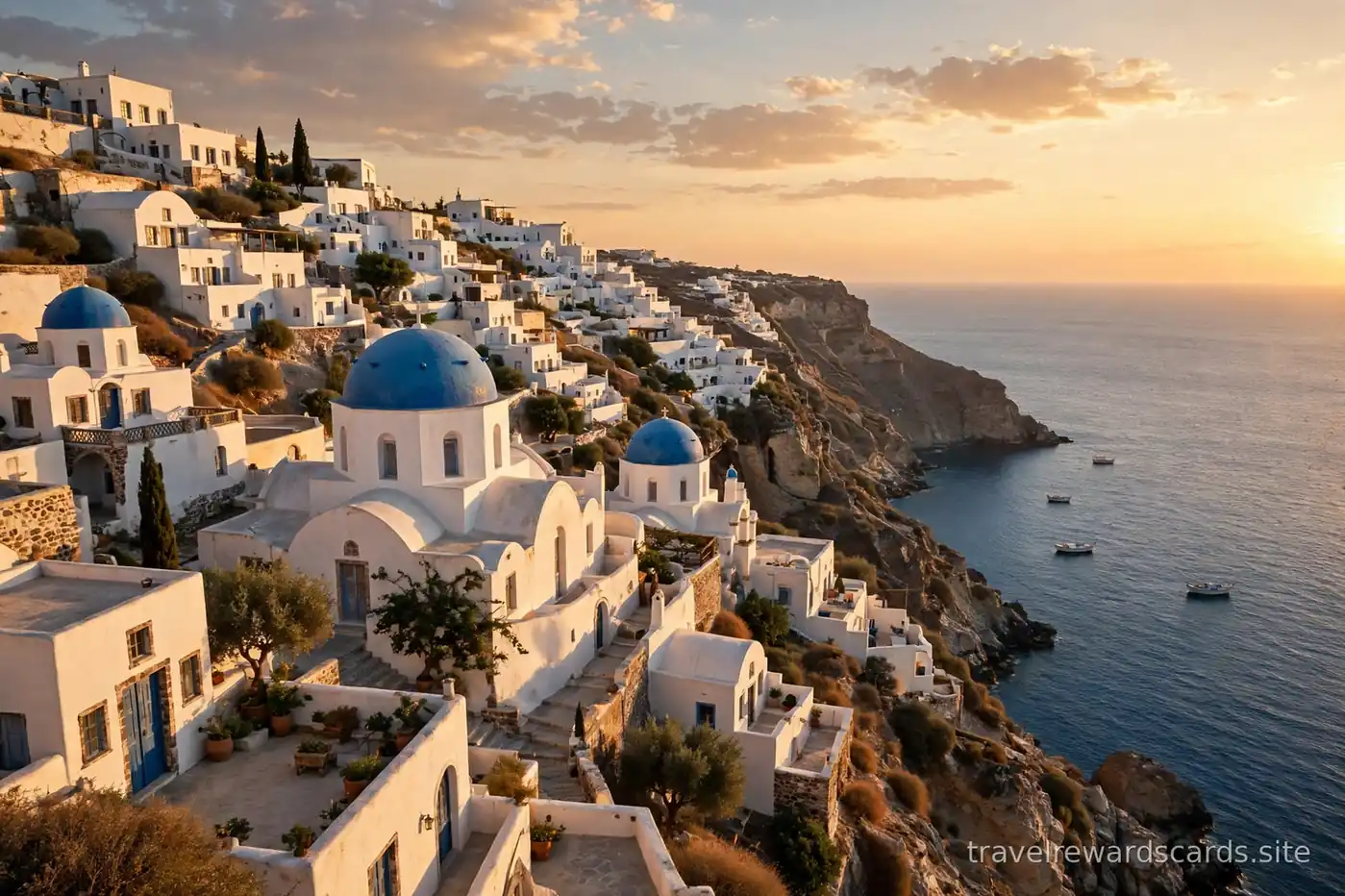 Pueblo costero mediterráneo con casas blancas al atardecer