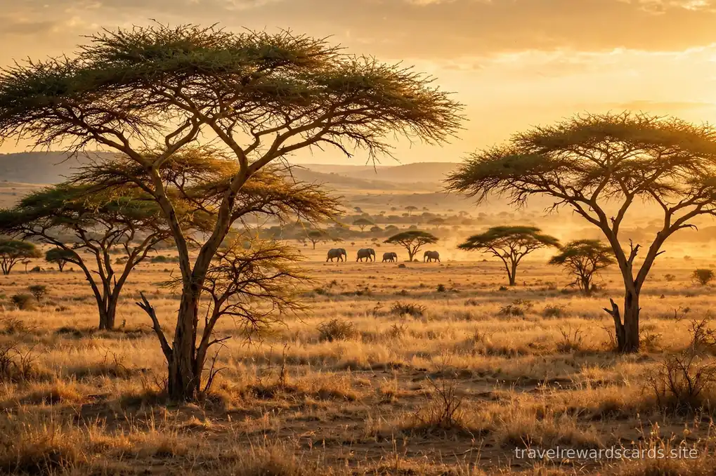 Paisaje de safari africano con acacias y elefantes al atardecer