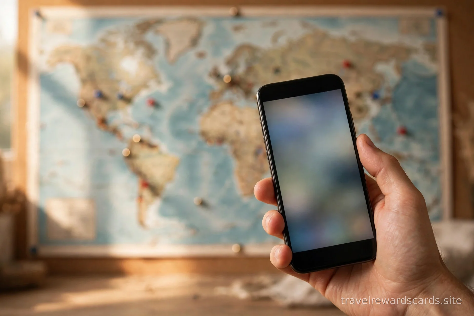 Mano con teléfono y mapa del mundo con pines de viaje
