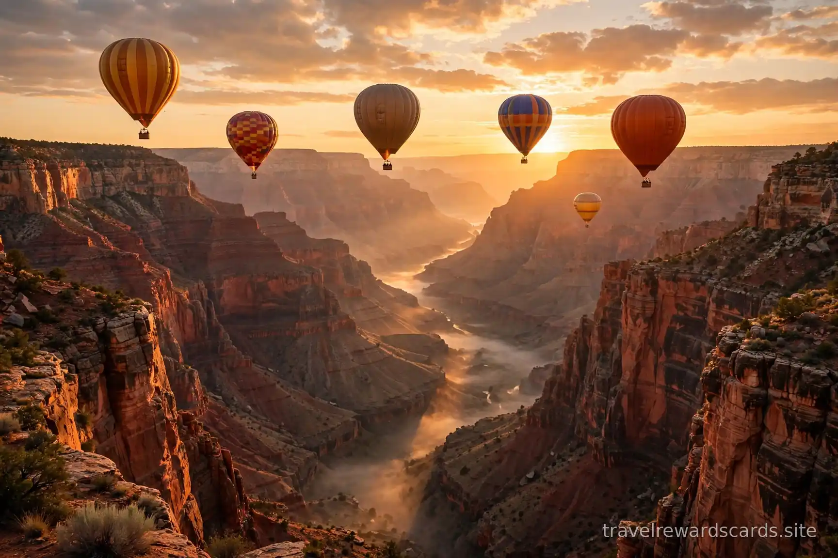 Globos aerostáticos sobre un cañón al amanecer
