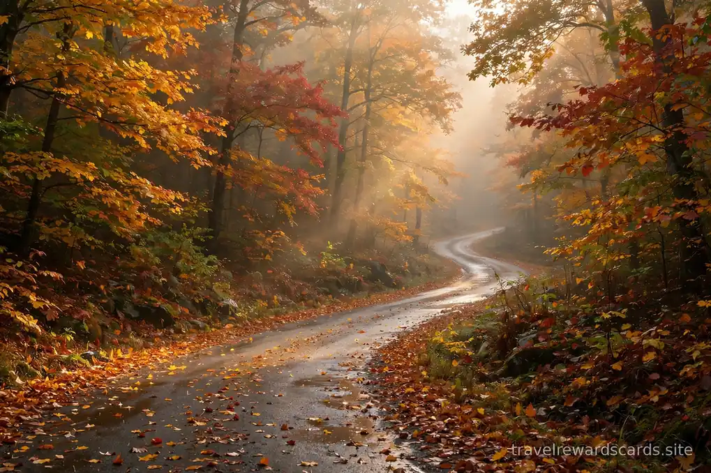 Carretera serpenteante entre un bosque de otoño con niebla